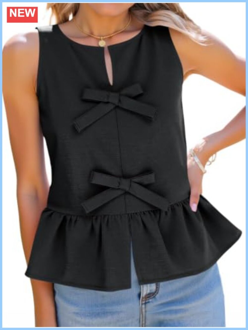 Women's Cotton Peplum Tank Top Sleeveless Babydoll Ruffle Bow Tie Blouse